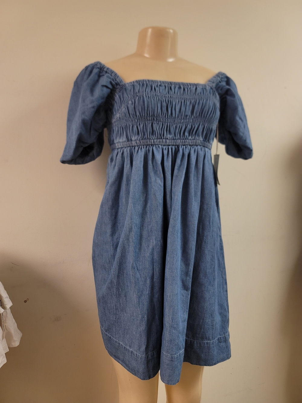 Smocked Denim Off-Shoulder Mini Dress - Blue